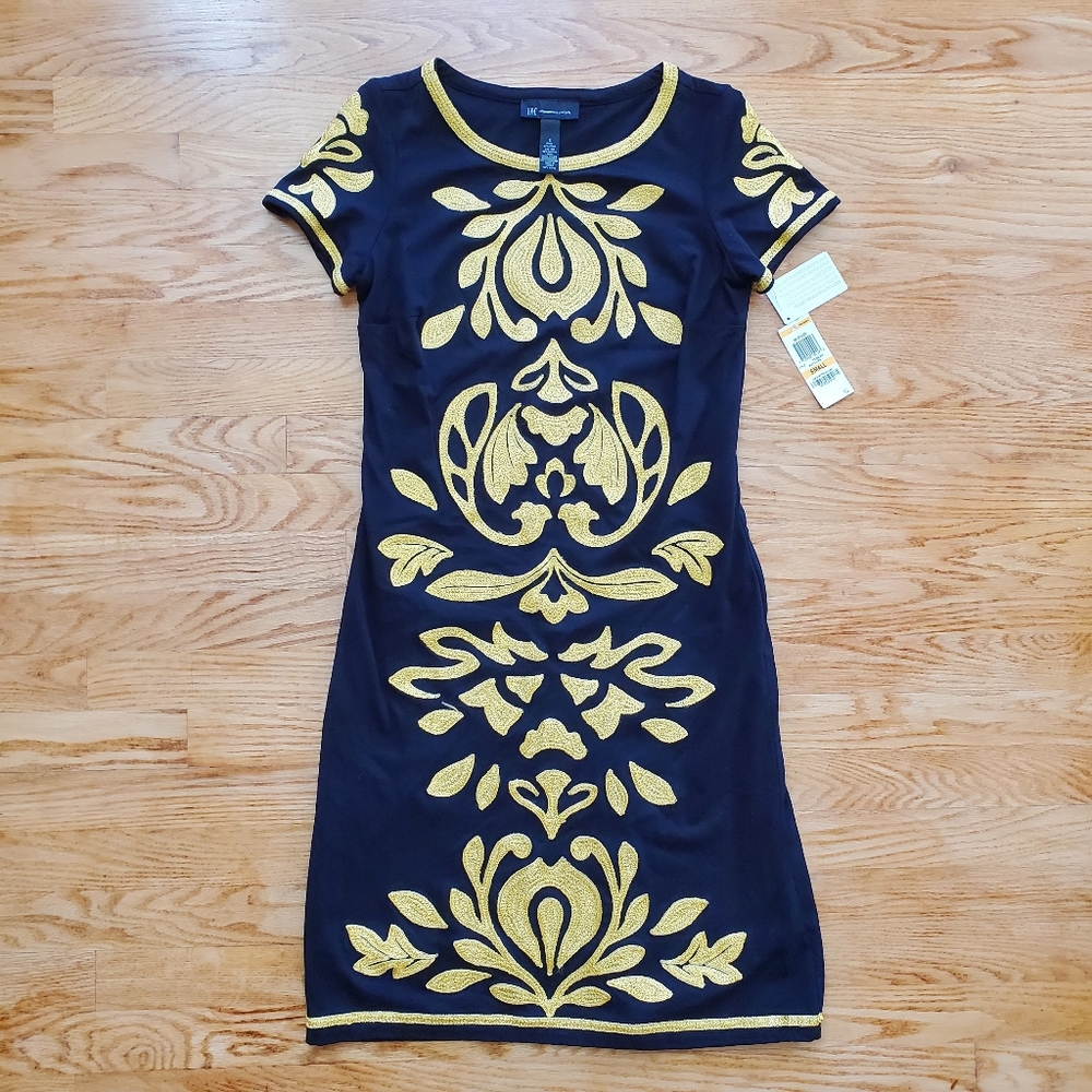 NWT INC Navy dress with gold ornate pattern